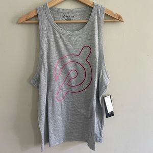 Peloton Women’s Tank Top Pink Logo Gray Loose Fit Racer back ‘ Stronger ‘ NWT